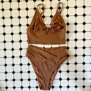 NWOT Aerie Brown Ribbed High Cross Waist Swimsuit